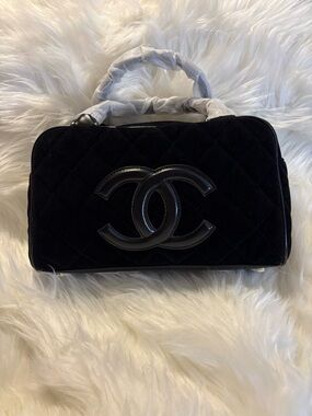 Black Quilted Suede Top-Handle Satchel with Patent CC Logo